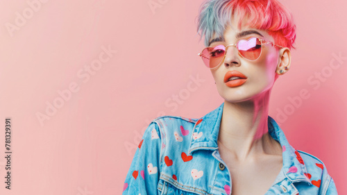 
Model displays bold style with pastel pink and blue hair, striking sunglasses, and a heart-patterned denim jacket against a pink, heart-themed backdrop, exuding an edgy, whimsical vibe. photo