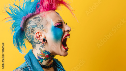 Vibrant portrait of a modern punk hipster girl with eccentric, colorful hairstyle expressing musical style through celebration and party.