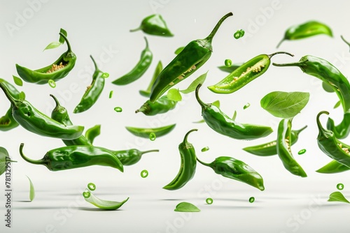 Green chili peppers falling on white background  photo