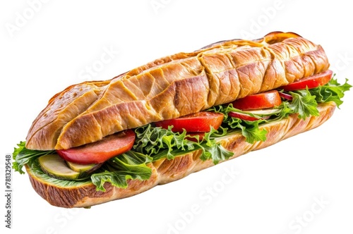 Fresh gourmet sandwich with bread, lettuce, tomato, and cucumber on isolated white background