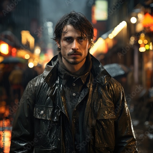 Man standing in the city lights at night