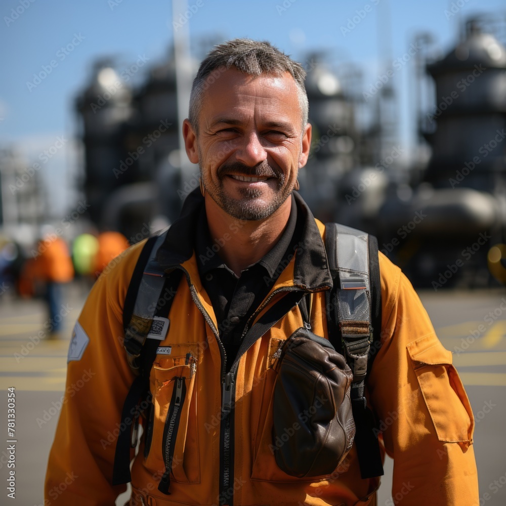 A worker wearing safety jacket in front of a refinery plant A worker wearing safety jacket in front of a refinery plant