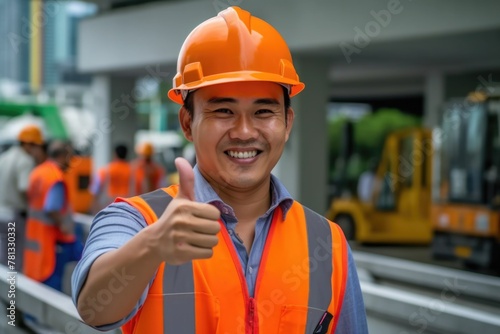 A worker is thumbing up and wearing safety helmet