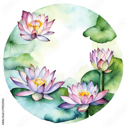 Lotus  a beautiful water flower. a plant in the park. round frame. illustration. artificial intelligence generator  AI  neural network image. background for the design.