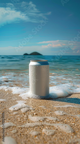 plain soda can mockup at the beach  © Clemency