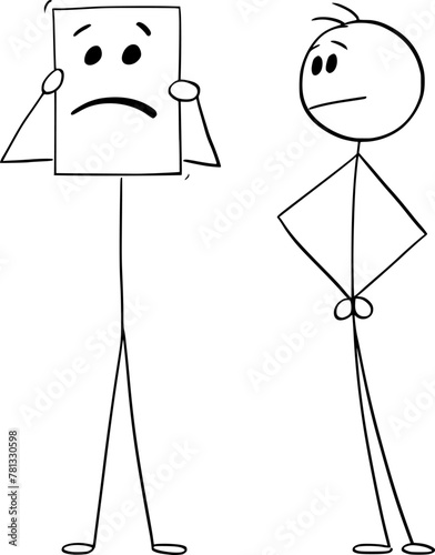 Show or hide your real emotion, sad or smiling, vector cartoon stick figure or character illustration.