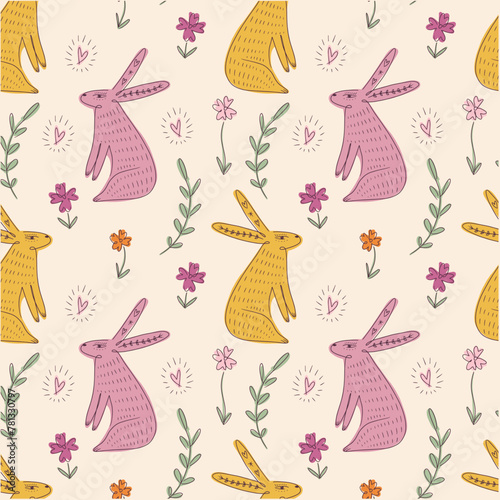 Cute woodland bunny rabbits seamless pattern template trendy cute vector ornate cloth wrapping composition with spring holiday childish cartoon wild animals elements, baby hare © Knstart Studio