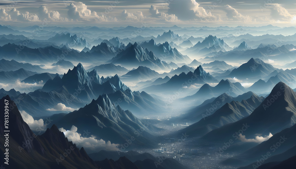 Digital Abstract Landscape: Photo-Real Virtual Mountain Range Ascending from the Digital Abyss