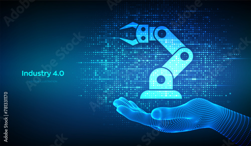 Smart Industry 4.0 icon made with binary code in wireframe hand. Factory automation. Autonomous industrial technology. Industrial revolutions steps. Matrix background with digits 1.0. Vector.