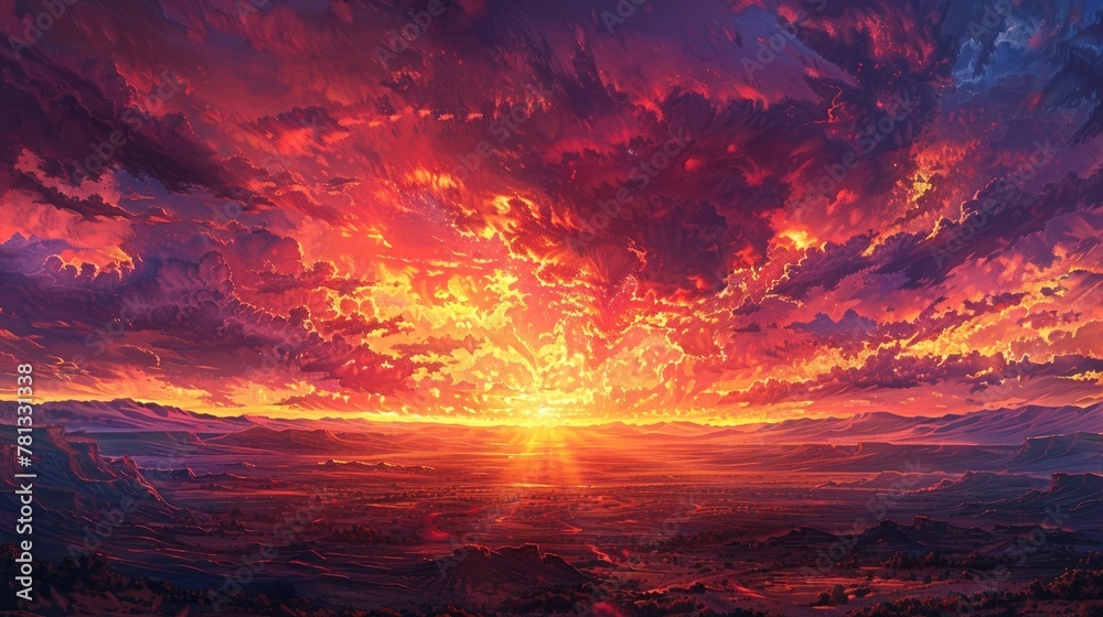 Crimson Cloudscape Painting the Sky with Dramatic Sunset Hues over Rugged Landscape