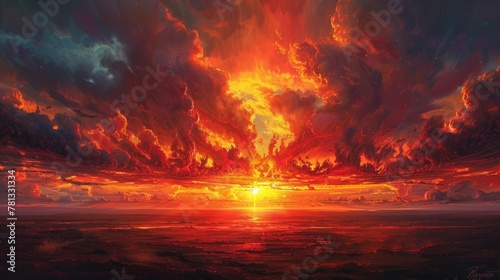 Crimson Cloudscape Painting the Sky with Dramatic Hues as the Sun Sets Over a Rugged Landscape