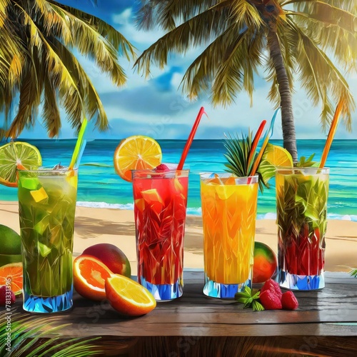 cocktail on the beach.A serene beach setting with palm trees swaying in the gentle breeze, featuring a rustic beach bar serving a variety of freshly squeezed fruit juices and cocktails in tall glasses