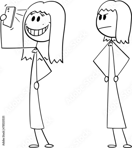 Woman taking selfie with phone,another angry woman is looking, vector cartoon stick figure or character illustration.
