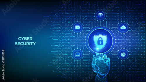 Security shield. Cyber security. Shield with Lock with keyhole. Cyber data protection. Background with circuit board connections and tech icons. Wireframe hand pressing button. Vector Illustration.