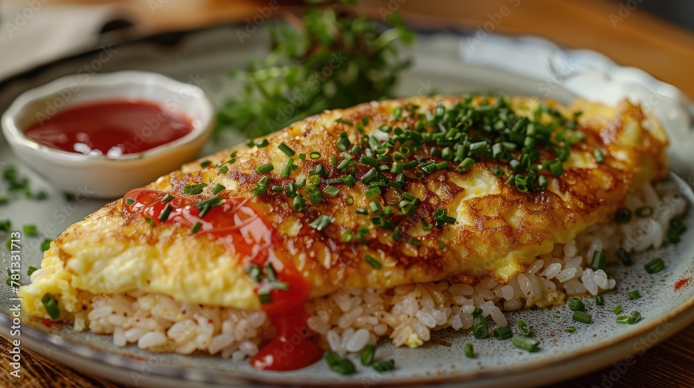 Nostalgic Japanese Omurice Dish Comforting Fluffy Omelet Over Savory Fried Rice with Tangy Ketchup in Retro Cafe Setting