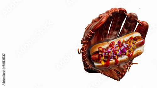 brown leather baseball glove catching a hotdog, summer sport, past time, fun