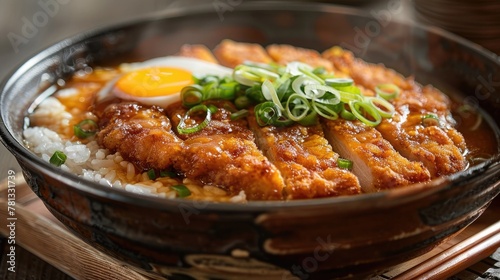 Comforting Katsudon Crispy Pork Cutlets Simmered in Savory Broth with Onions and Eggs Over Steaming Rice