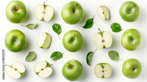 Set of fresh green apples isolated on a white background, top view, presenting a crisp and vibrant collection of apples that capture the essence of health and vitality.