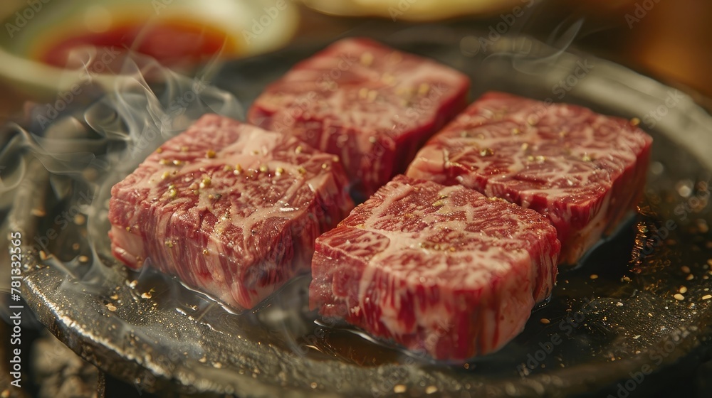 Tender and Flavorful Matsusaka Beef Grilled to Perfection on a Pastoral Landscape