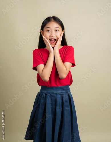 Portrait of beautiful young asian woman with surprised face on gray background
