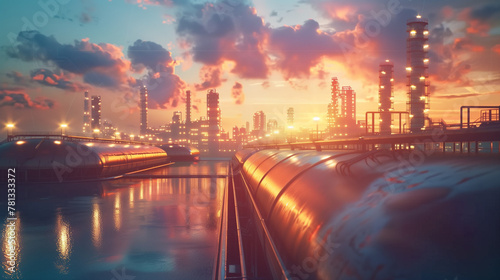Oil and gas power plant refinery. oil production and petrochemical factory infrastructure. illustration banner with copy space.  © MONTRI
