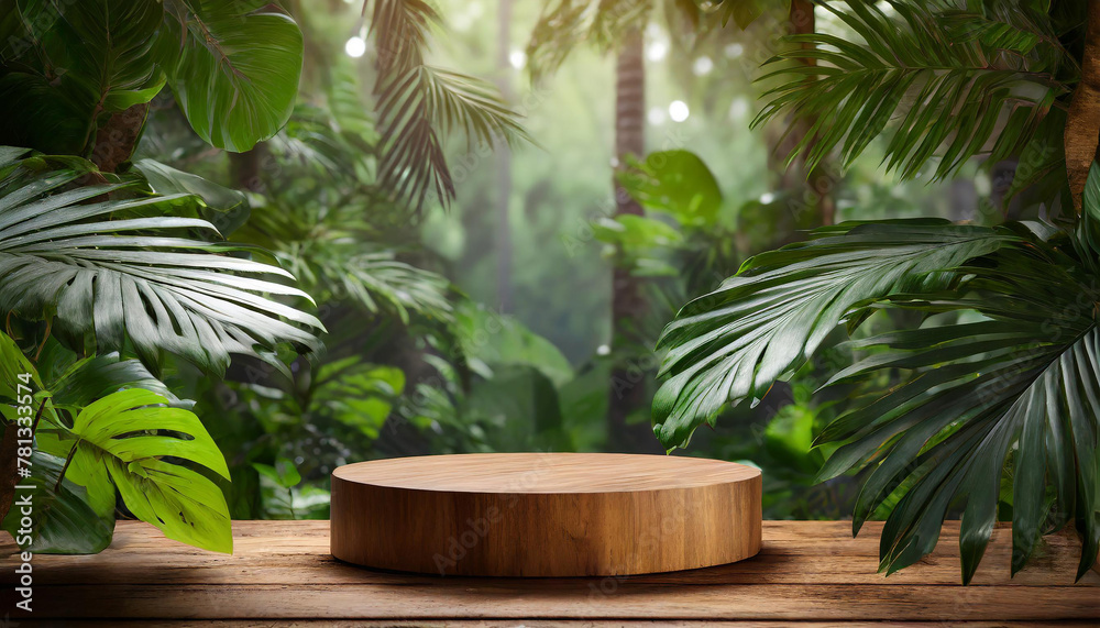 Wooden podium in the jungle. Platform for promotion products. Wooden podium in the jungle. Platform for promotion products.