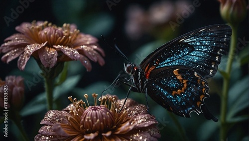 Close up view of butterfly with magnificent wings sitting on the petals of the flower