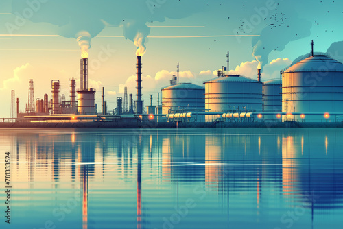 Oil and gas power plant refinery. oil production and petrochemical factory infrastructure. illustration banner with copy space. 