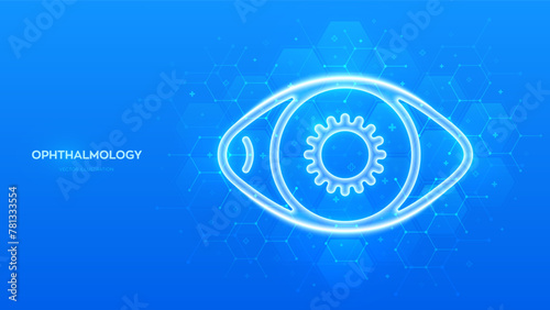 Eye icon. Ophthalmology. Vision eye care. Ophthalmologist consultation. Eye Exam. Laser Surgery. Choosing glasses. Molecular structure. Blue medical background with hexagons. Vector illustration.