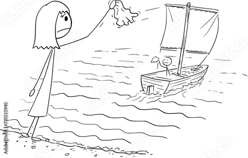Boat sails away, woman waves and goodbye , vector cartoon stick figure or character illustration.