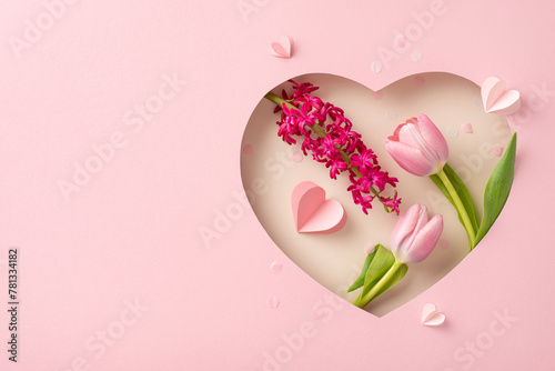 Elegant Mother's Day top view arrangement: Fresh tulips, hyacinth blossom, and paper hearts in a heart-shaped frame on pastel pink, with space for greetings or advertisements