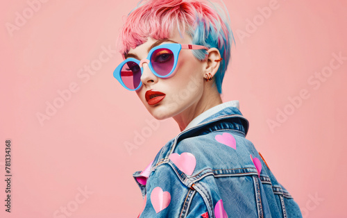 
Model displays bold style with pastel pink and blue hair, striking sunglasses, and a heart-patterned denim jacket against a pink, heart-themed backdrop, exuding an edgy, whimsical vibe.
 photo