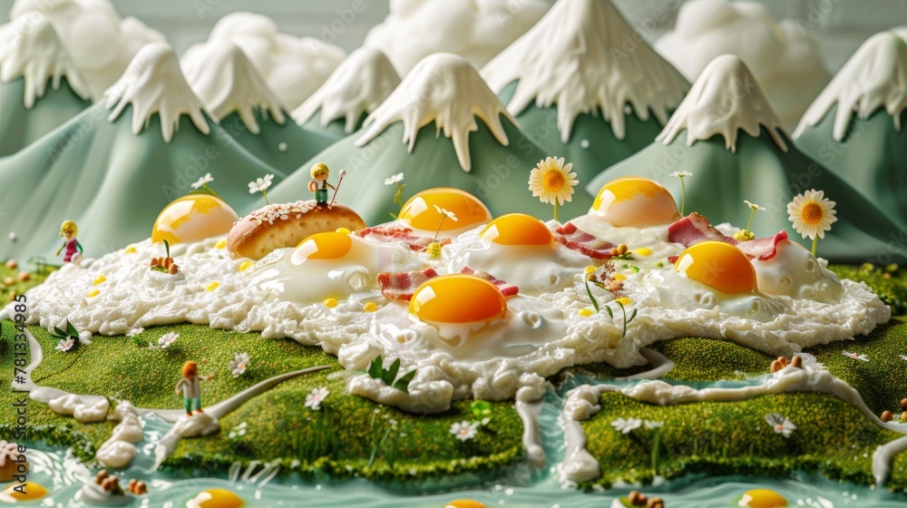 Miniature figures, poster with the theme of food adventure. The background features egg yolk, bacon and milk elements Miniature figures, poster with the theme of food adventure. The background features egg yolk, bacon and milk elements