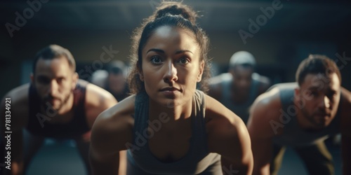 A woman is in the middle of a group of people doing pushups. Scene is energetic and focused