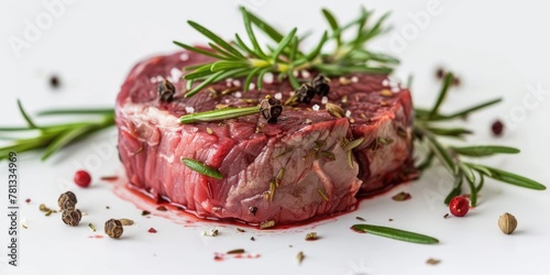A piece of meat with a sprig of rosemary on top. The meat is marbled with red and pink hues