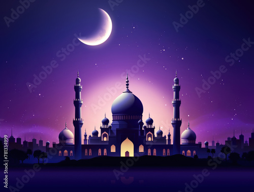 A beautiful blue and purple sky with a crescent moon and a large building with a dome