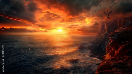Fiery Coastal Majesty: Ocean Sunset./n