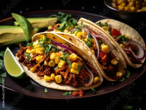 Three tacos with corn and onions on a plate