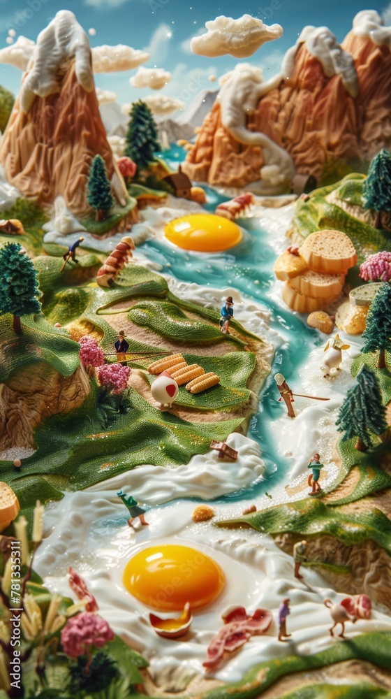 Miniature figures,  poster with the theme of food adventure. The background features egg yolk, bacon and milk elements