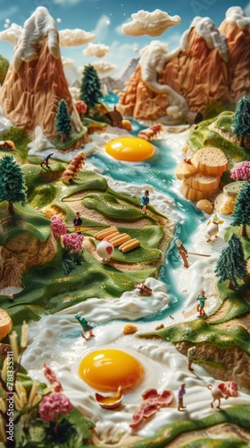 Miniature figures, poster with the theme of food adventure. The background features egg yolk, bacon and milk elements