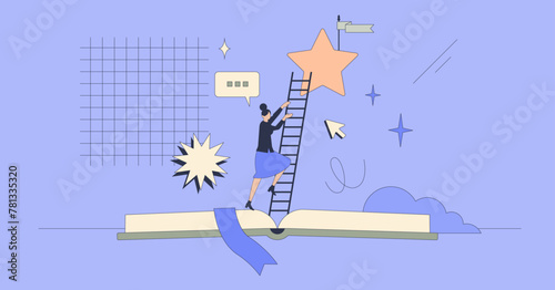 Professional development and improvement neubrutalism tiny person concept. Personal career growth with learning and new skills education vector illustration. Employee motivation and work ambitions.