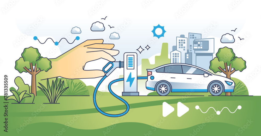 Obraz premium Sustainable transportation and electric vehicles usage outline hands concept, transparent background. EV as environmental and nature friendly alternative with zero CO2 emissions illustration.