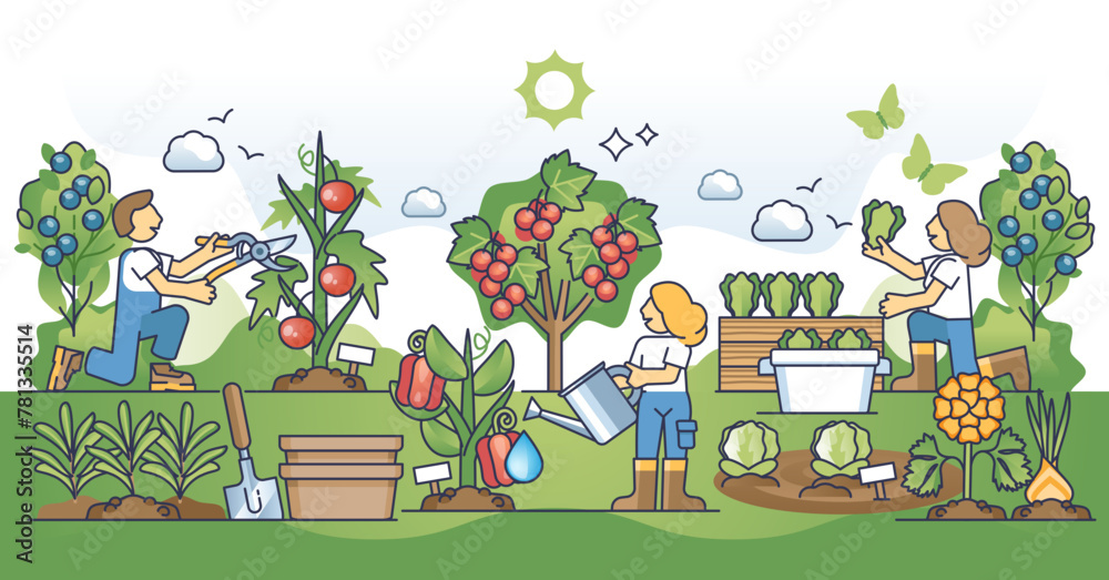 Naklejka premium Edible landscaping and growing you own organic and fresh food outline concept, transparent background. Sustainable lifestyle with local vegetables and fruits growing illustration.
