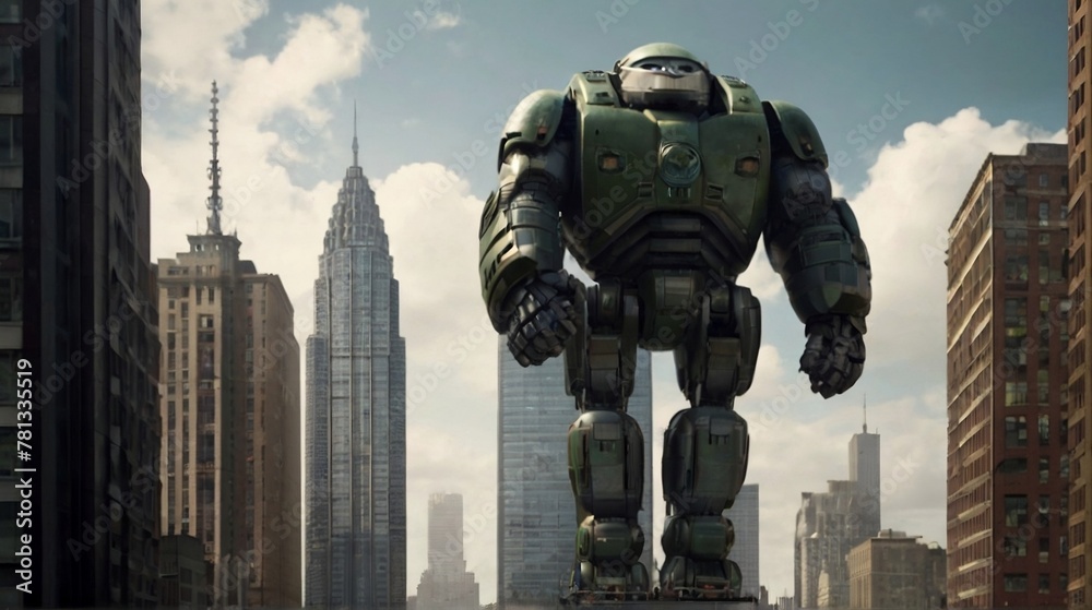 One modern and attractive robot in the center of modern city One modern and attractive robot in the center of modern city