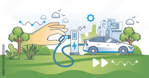 Sustainable transportation and electric vehicles usage outline hands concept, transparent background. EV as environmental and nature friendly alternative with zero CO2 emissions illustration. © VectorMine