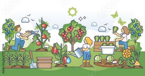 Edible landscaping and growing you own organic and fresh food outline concept, transparent background. Sustainable lifestyle with local vegetables and fruits growing illustration.