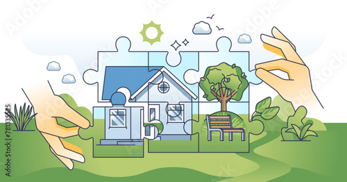 Green building design for sustainable home building in hands outline concept, transparent background. Ecological and nature friendly material usage for house construction illustration.