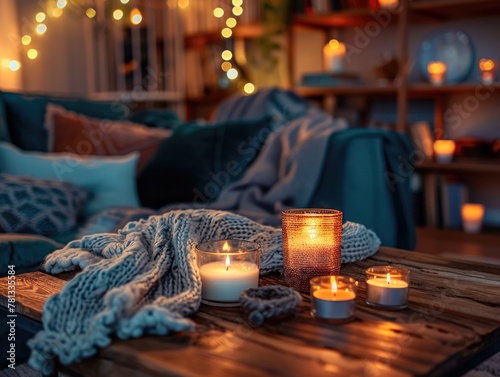 A cozy living room with a blanket draped over a wooden coffee table. The table is filled with candles, including some in small glass jars. The room has a warm and inviting atmosphere