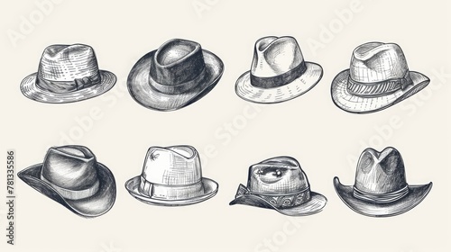 A collection of hats in various styles and colors. The hats are drawn in black and white, giving them a vintage feel. The hats are arranged in a row, with some overlapping each other