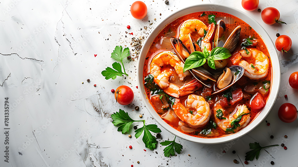 Cioppino seafood stew with shrimp and mussels in bowl. Gourmet cuisine with copy space for design and print. Flat lay food photography - obrazy, fototapety, plakaty 